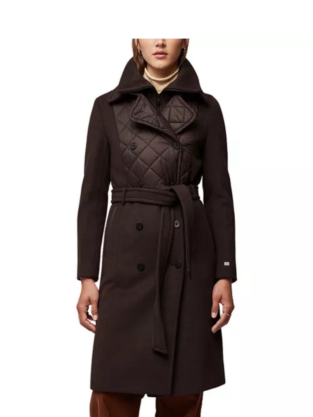Soia & Kyo Dark Brown‎ Quilted-Front Wool-Blend Belted Trench Coat